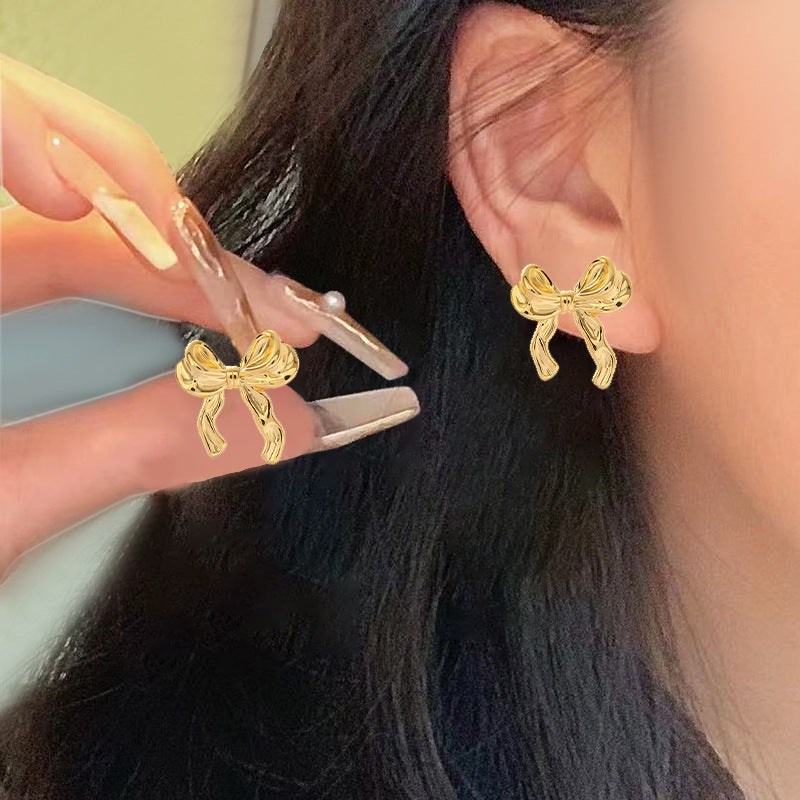 Wholesale French 18k Gold Stainless Steel Titanium Ribbon Bow Earrings